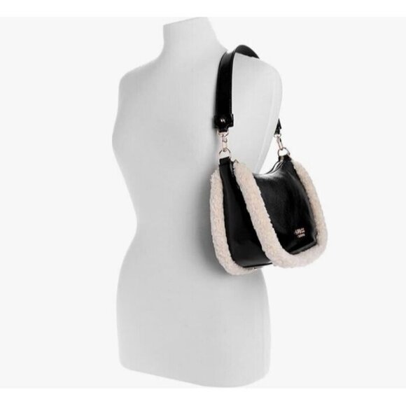GUESS Davika crinkle faux-leather Sherpa trim hobo shoulder bag - Black - Picture 5 of 15